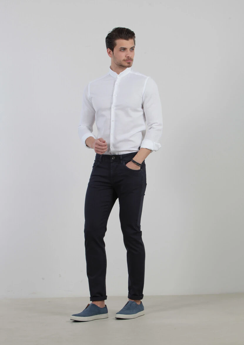 Lacivert Düz Dokuma Slim Fit Casual Pamuk Karışımlı Pantolon 