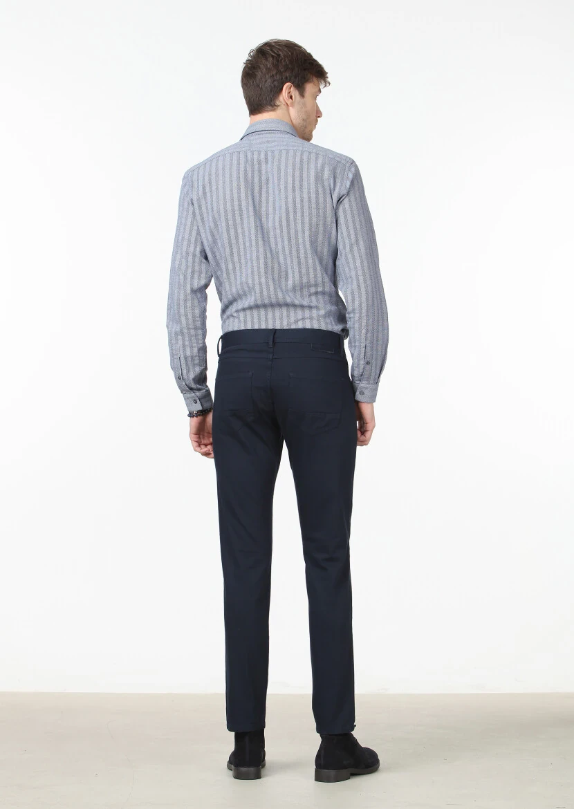 Lacivert Düz Dokuma Slim Fit Casual Pamuk Karışımlı Pantolon - 4