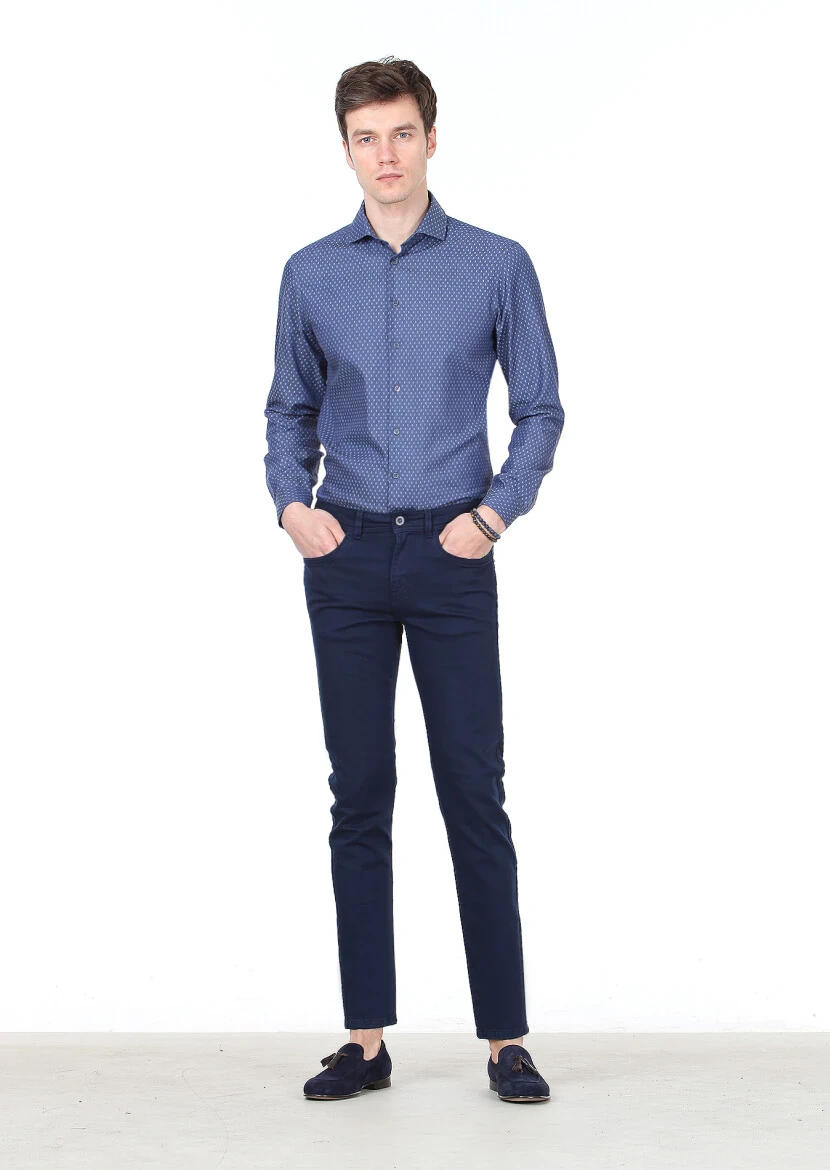 Lacivert Düz Dokuma Slim Fit Casual Pamuk Karışımlı Pantolon 