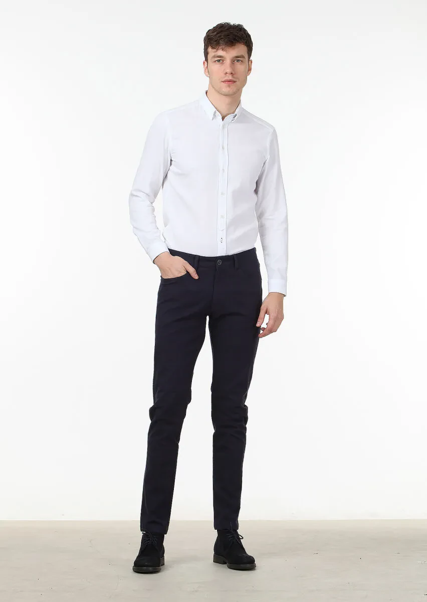 Lacivert Düz Dokuma Slim Fit Casual Pamuk Karışımlı Pantolon - 1