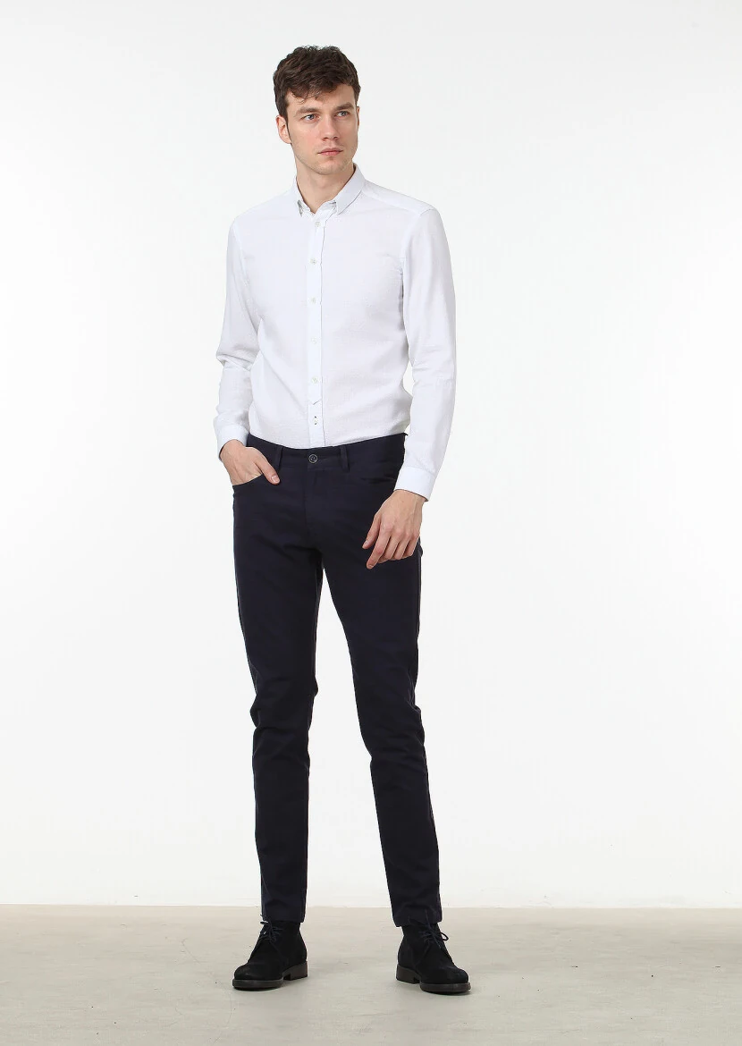 Lacivert Düz Dokuma Slim Fit Casual Pamuk Karışımlı Pantolon - 2