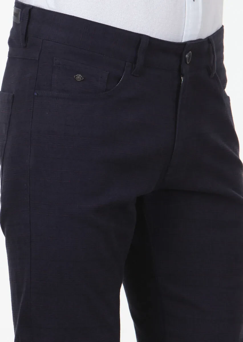 Lacivert Düz Dokuma Slim Fit Casual Pamuk Karışımlı Pantolon - 3