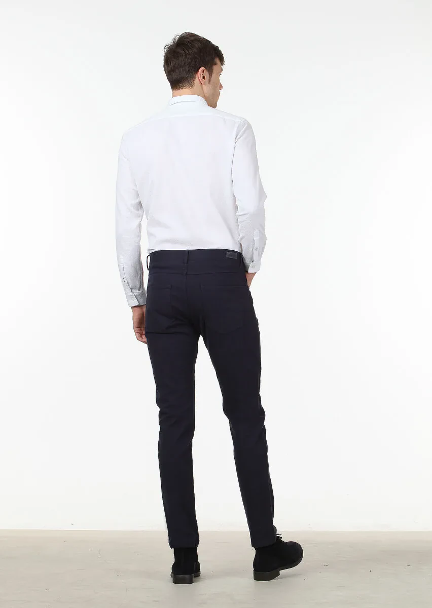 Lacivert Düz Dokuma Slim Fit Casual Pamuk Karışımlı Pantolon - 4