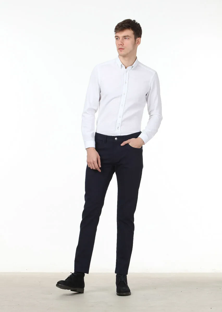 Lacivert Düz Dokuma Slim Fit Casual Pamuk Karışımlı Pantolon - 1