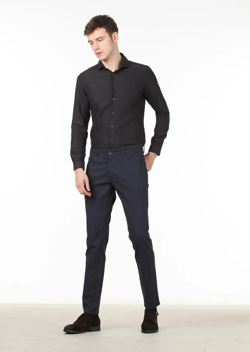 Lacivert Düz Dokuma Slim Fit Casual Pamuk Karışımlı Pantolon - 1