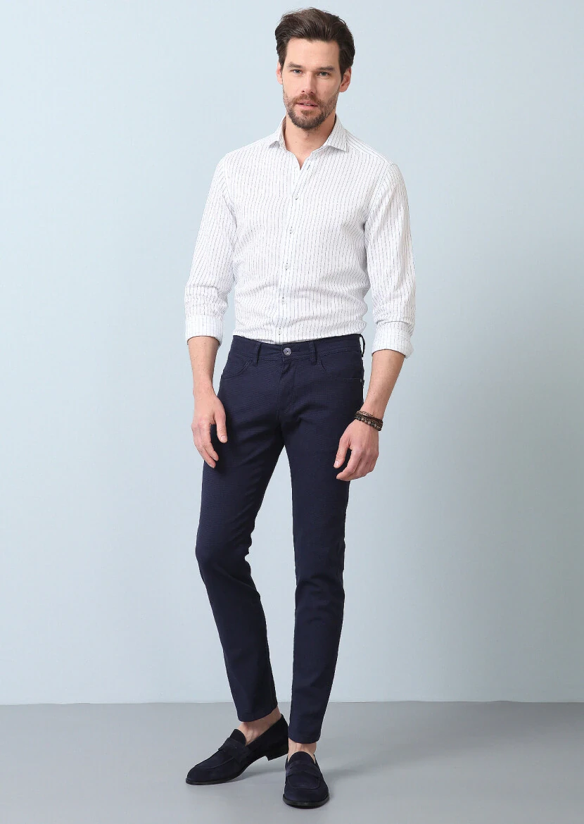 Lacivert Düz Dokuma Slim Fit Casual Pamuk Karışımlı Pantolon - 2