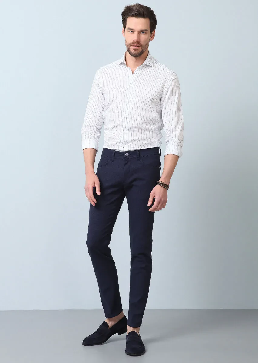 Lacivert Düz Dokuma Slim Fit Casual Pamuk Karışımlı Pantolon - 2