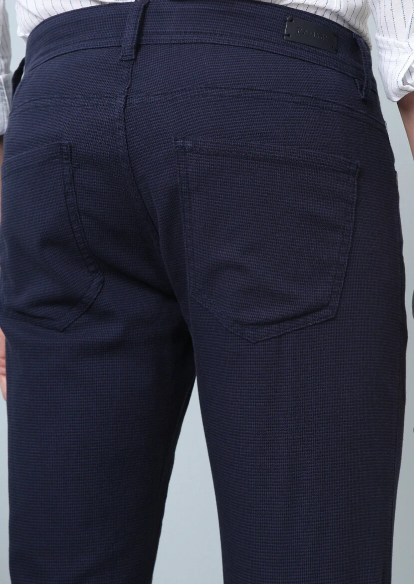 Lacivert Düz Dokuma Slim Fit Casual Pamuk Karışımlı Pantolon - 3