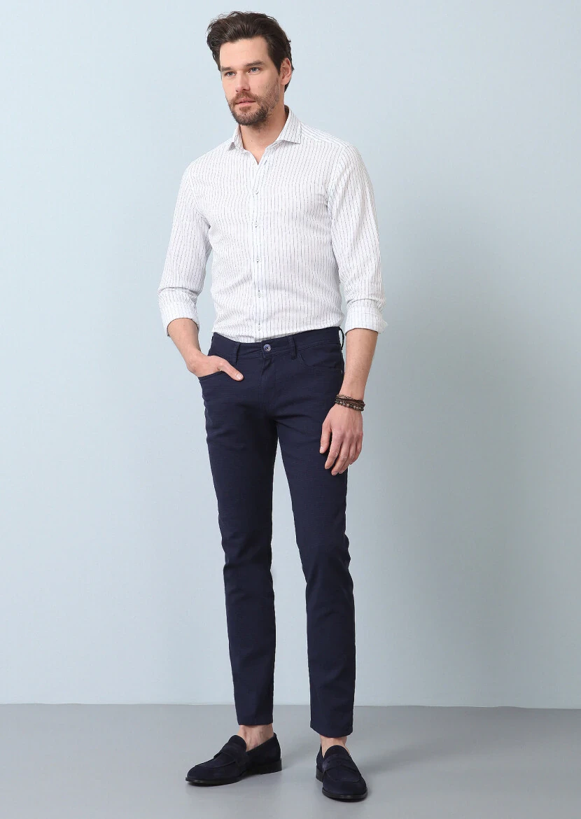 Lacivert Düz Dokuma Slim Fit Casual Pamuk Karışımlı Pantolon - 4