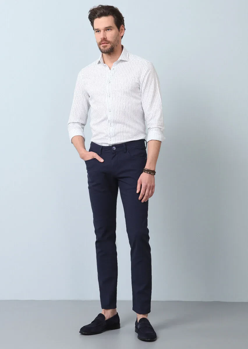 Lacivert Düz Dokuma Slim Fit Casual Pamuk Karışımlı Pantolon - 4