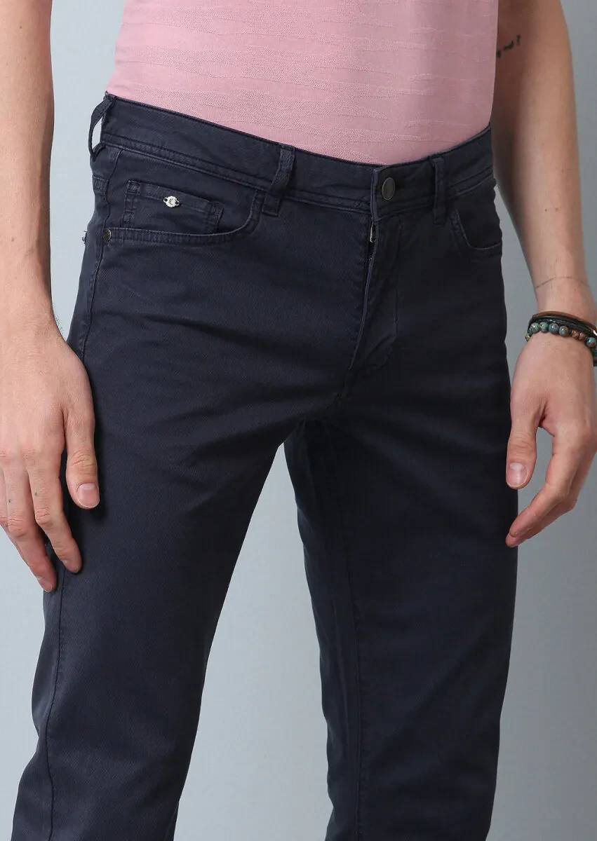 Lacivert Düz Dokuma Slim Fit Casual Pamuk Karışımlı Pantolon - 3