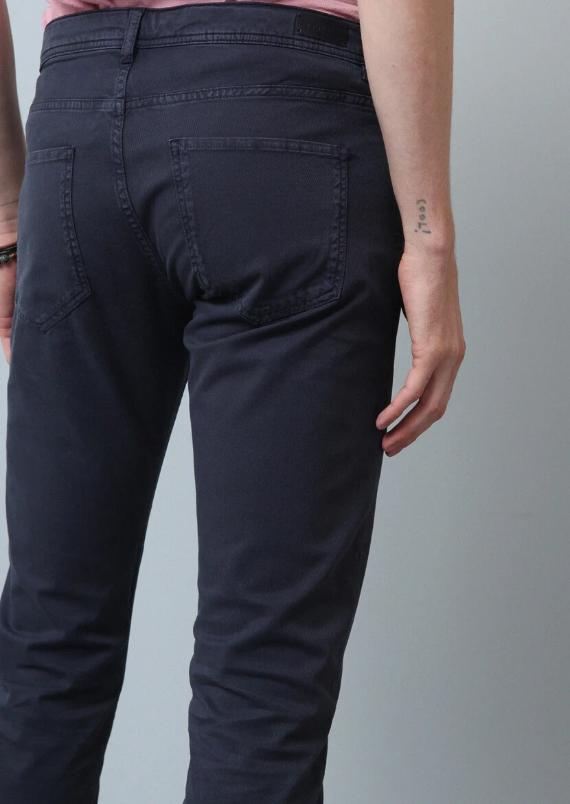 Lacivert Düz Dokuma Slim Fit Casual Pamuk Karışımlı Pantolon - 4