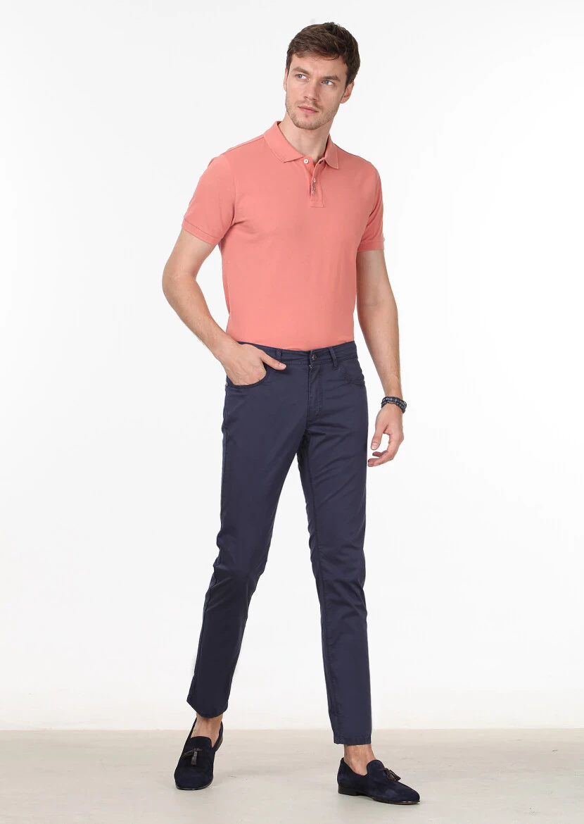 Lacivert Düz Dokuma Slim Fit Casual Pamuk Karışımlı Pantolon - 1