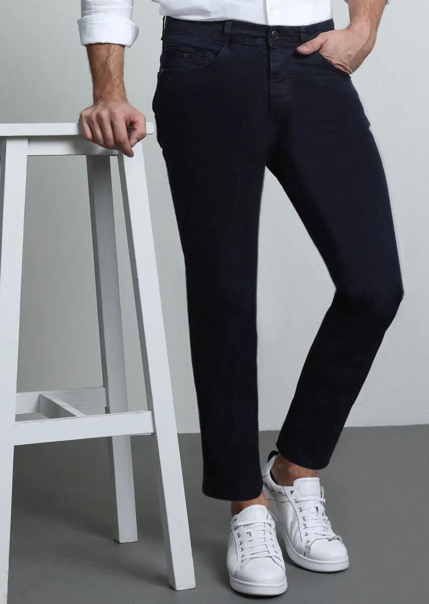 Lacivert Düz Dokuma Slim Fit Casual Pamuk Karışımlı Pantolon - 2