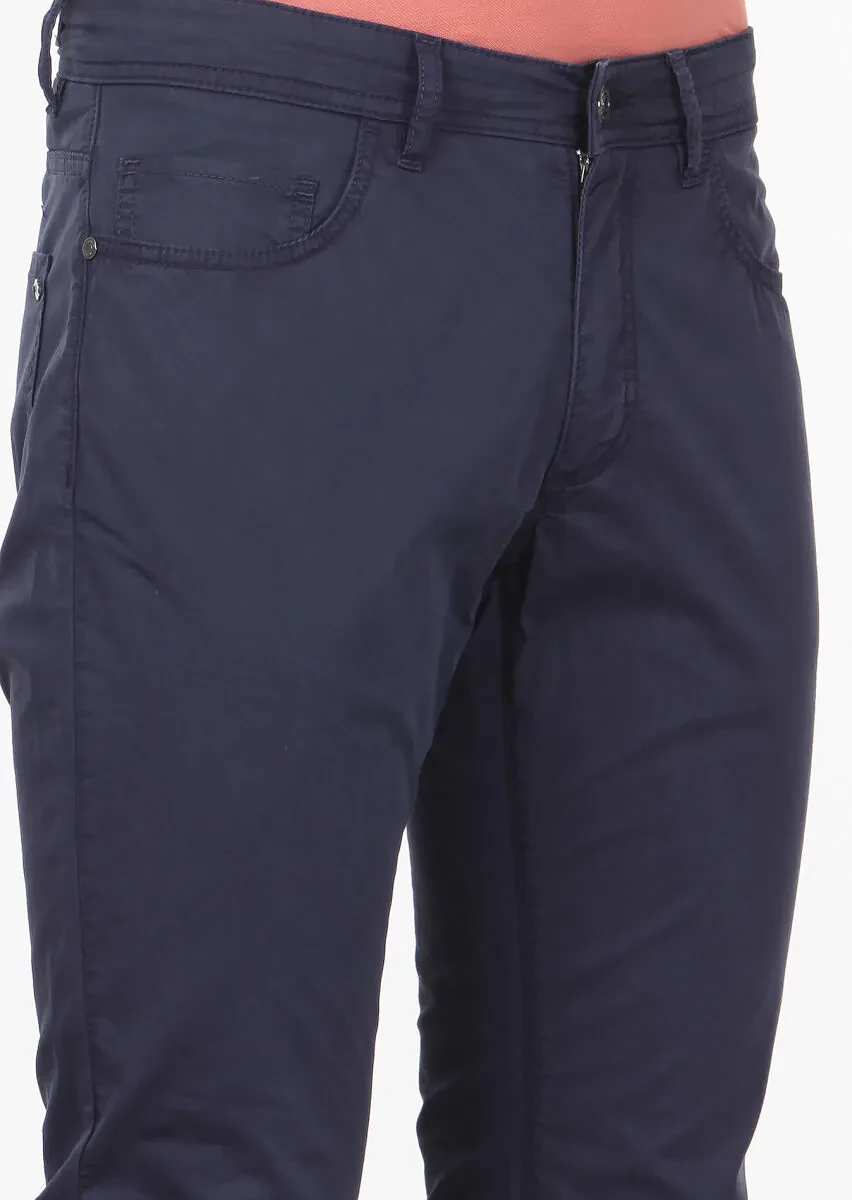 Lacivert Düz Dokuma Slim Fit Casual Pamuk Karışımlı Pantolon - 3