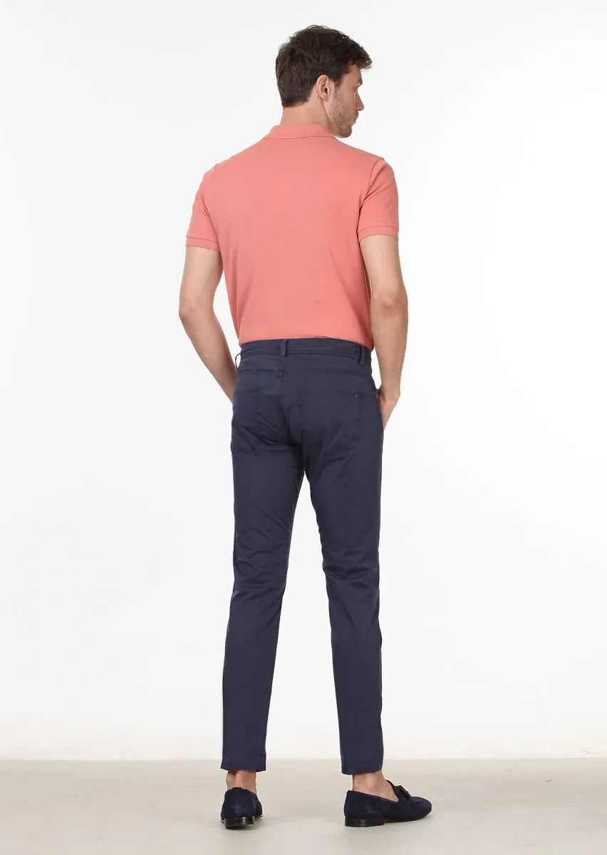 Lacivert Düz Dokuma Slim Fit Casual Pamuk Karışımlı Pantolon - 4