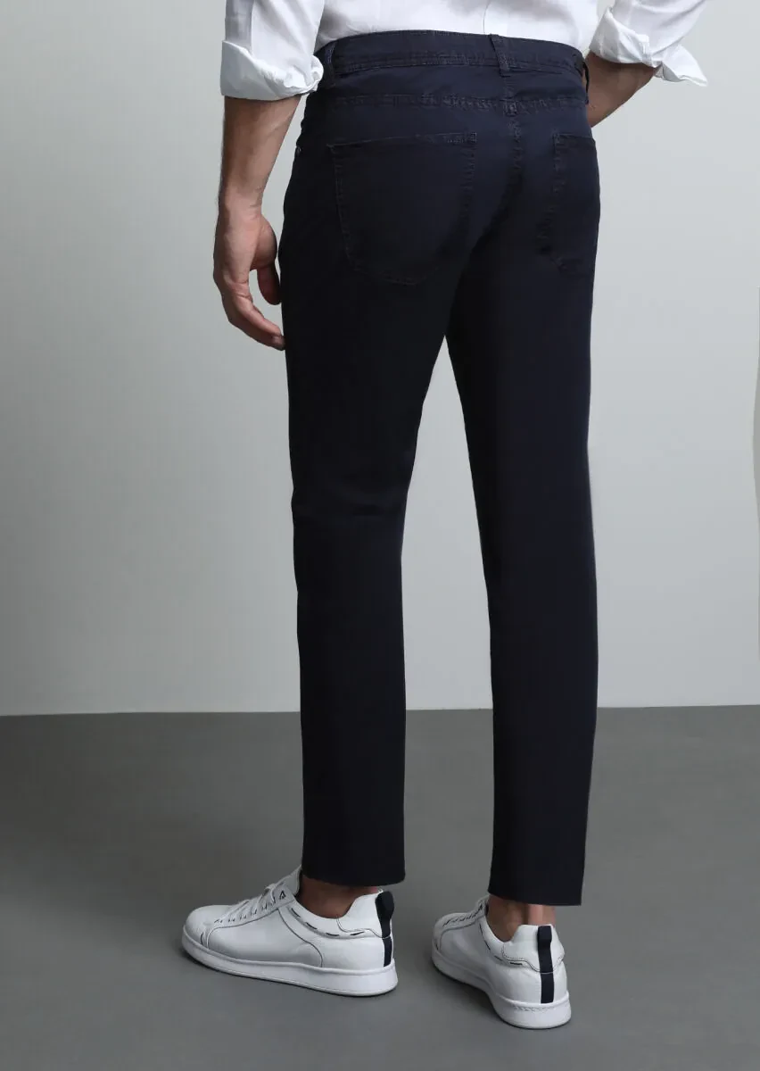 Lacivert Düz Dokuma Slim Fit Casual Pamuk Karışımlı Pantolon - 5