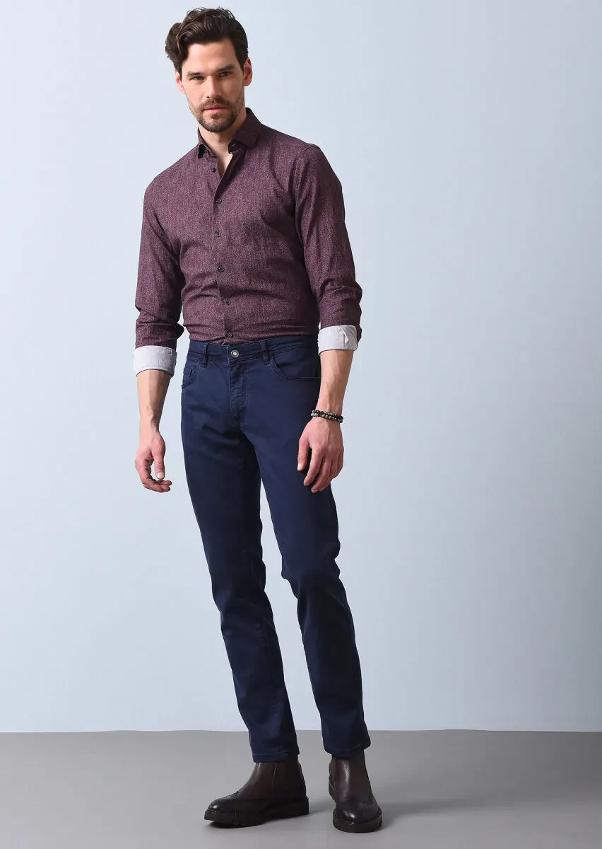 Lacivert Düz Dokuma Slim Fit Casual Pamuk Karışımlı Pantolon - 2