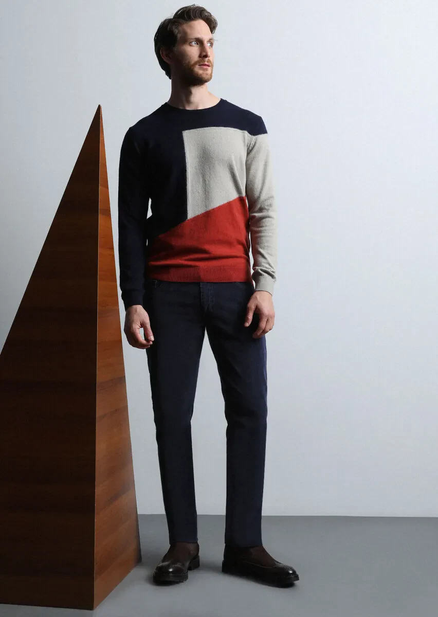 Lacivert Düz Dokuma Slim Fit Casual Pamuk Karışımlı Pantolon - 1