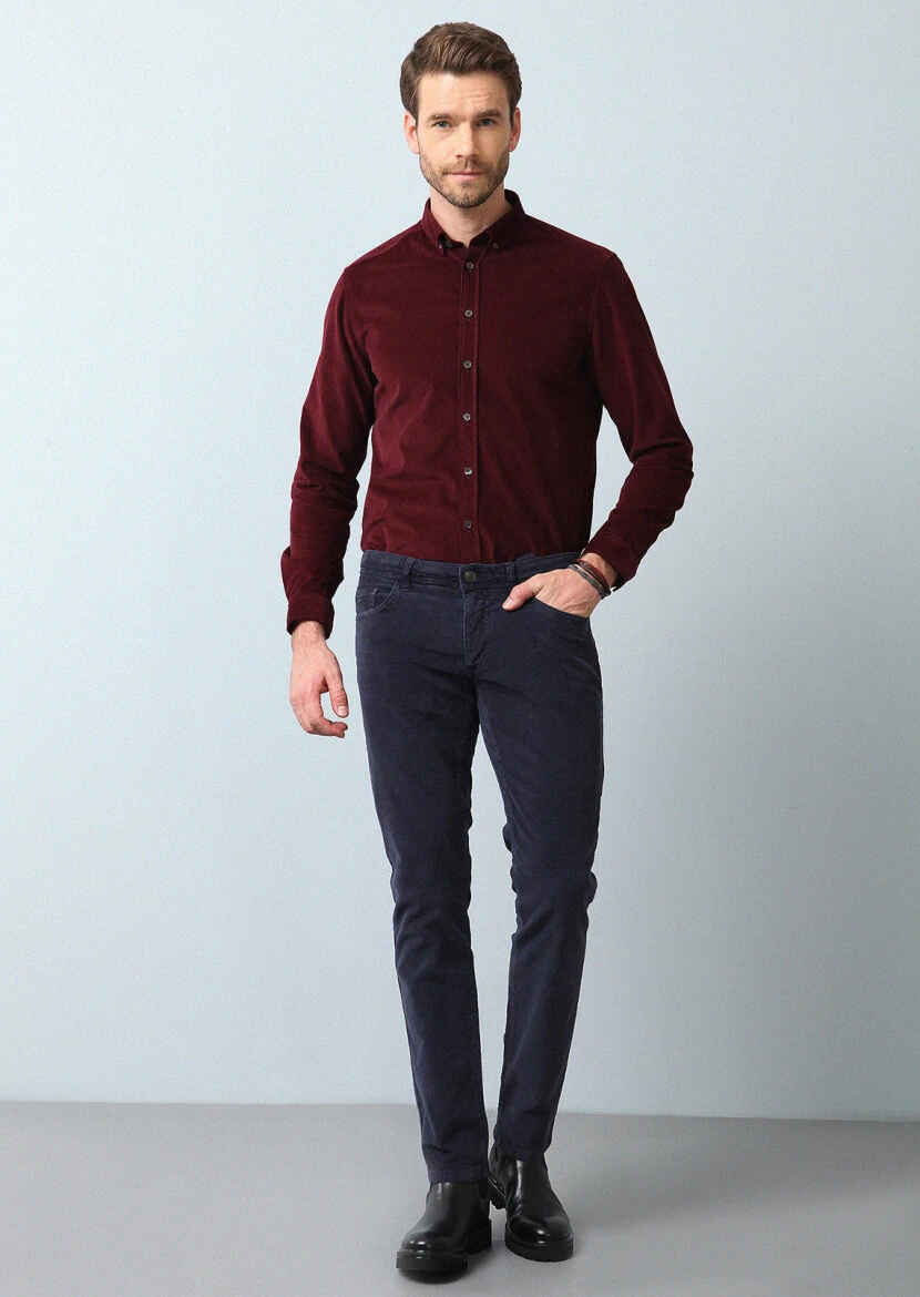 Lacivert Düz Dokuma Slim Fit Casual Pamuk Karışımlı Pantolon - 4