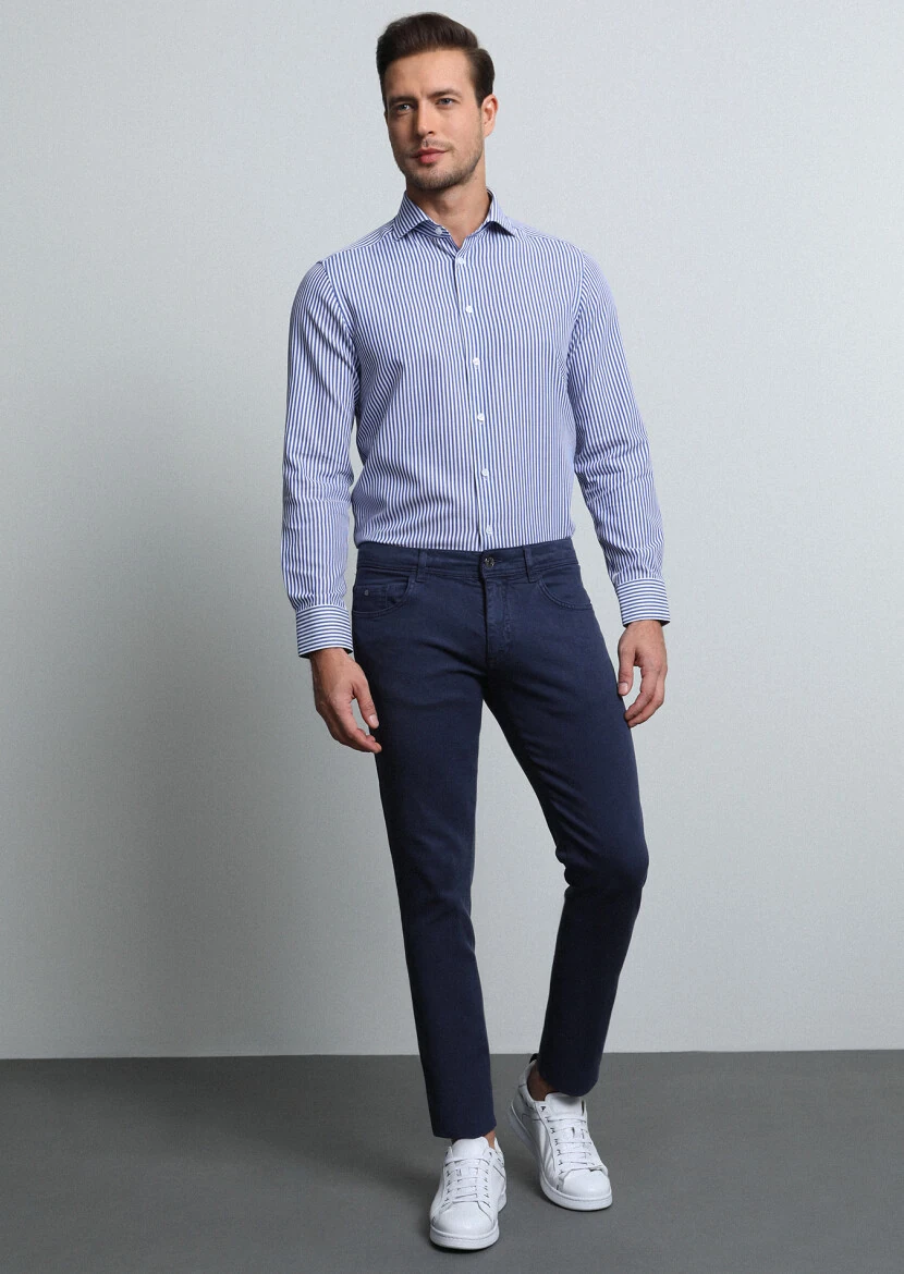 Lacivert Düz Dokuma Slim Fit Casual Pamuk Karışımlı Pantolon - 1