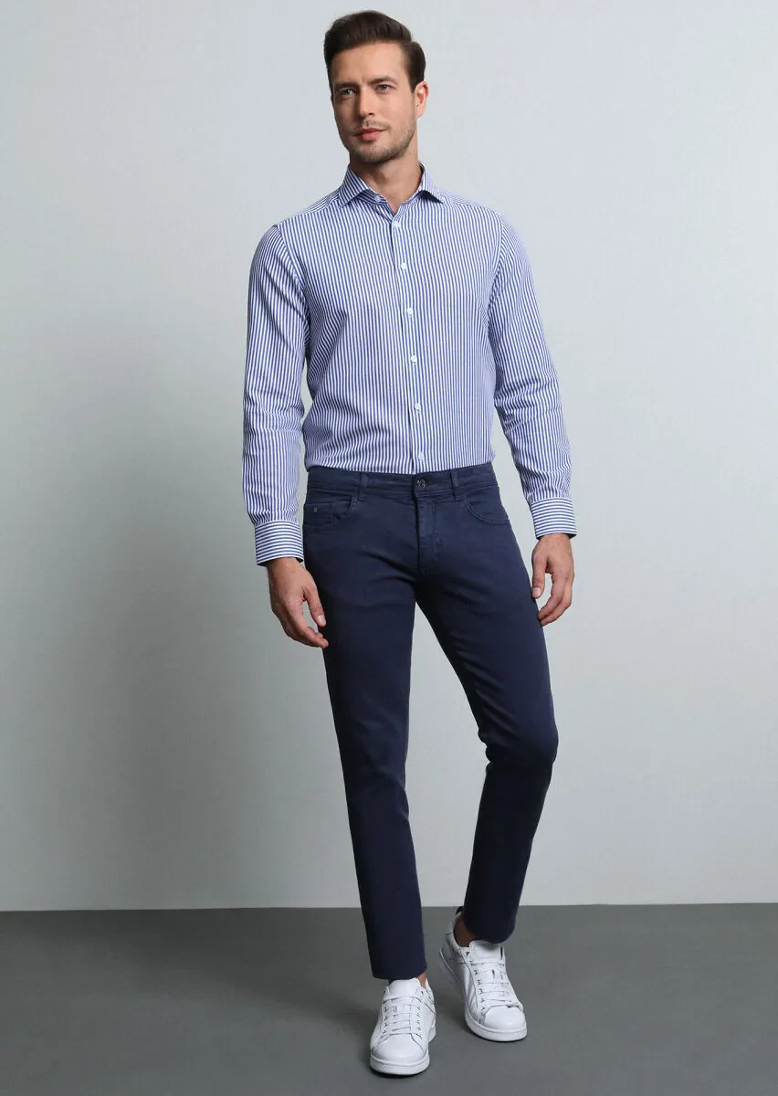 Lacivert Düz Dokuma Slim Fit Casual Pamuk Karışımlı Pantolon - 1