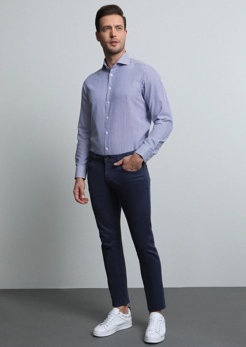 Lacivert Düz Dokuma Slim Fit Casual Pamuk Karışımlı Pantolon - 3