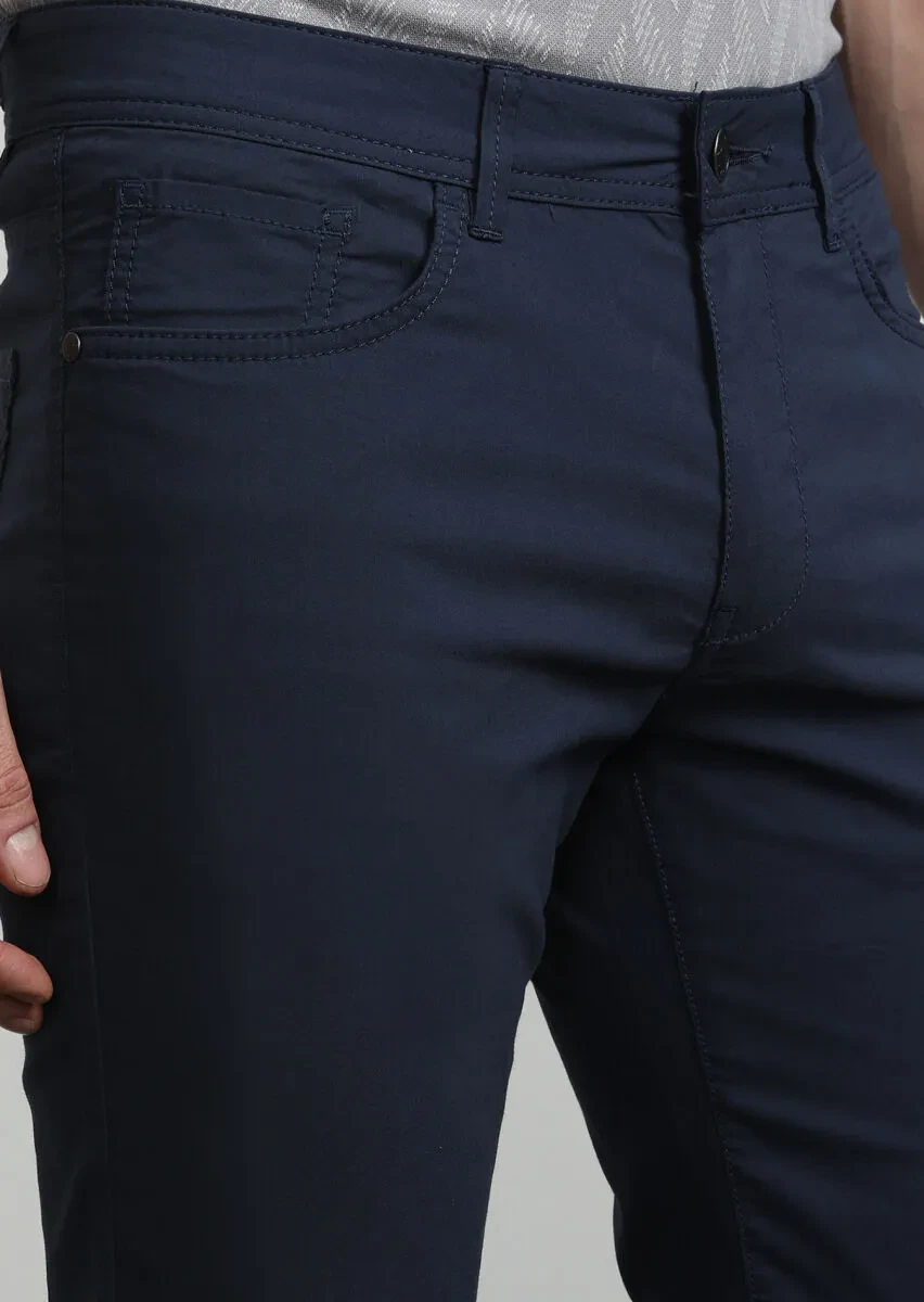 Lacivert Düz Dokuma Slim Fit Casual Pamuk Karışımlı Pantolon - 2