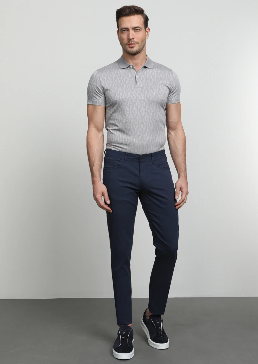 Lacivert Düz Dokuma Slim Fit Casual Pamuk Karışımlı Pantolon - 3