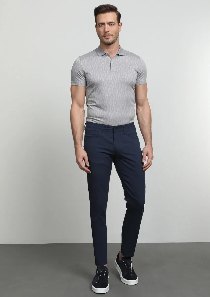 Lacivert Düz Dokuma Slim Fit Casual Pamuk Karışımlı Pantolon - 3