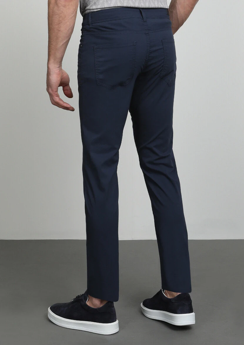 Lacivert Düz Dokuma Slim Fit Casual Pamuk Karışımlı Pantolon - 4