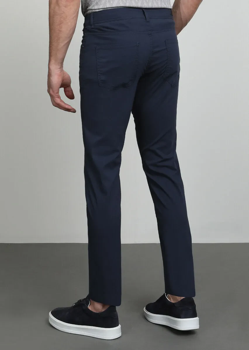 Lacivert Düz Dokuma Slim Fit Casual Pamuk Karışımlı Pantolon - 4