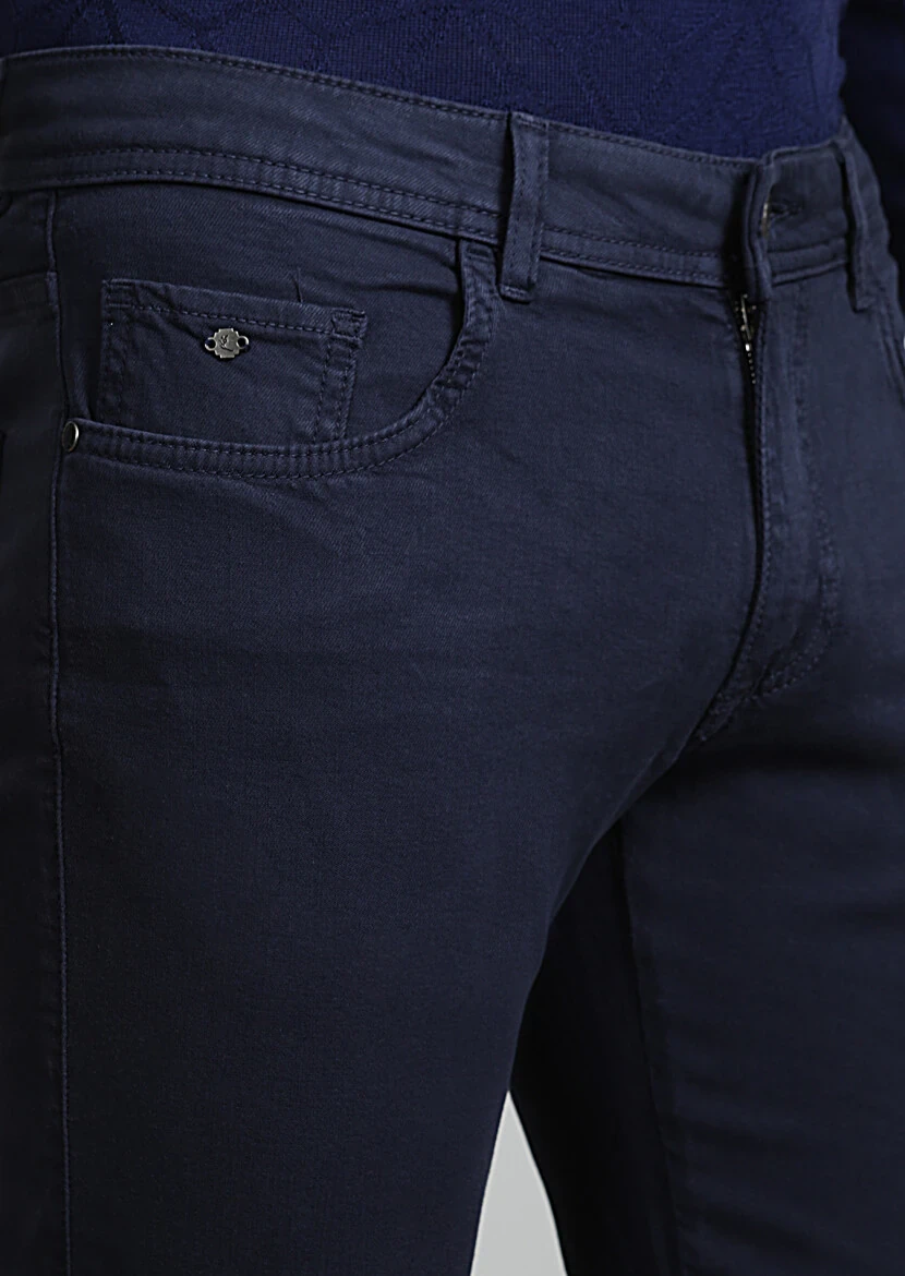 Lacivert Düz Dokuma Slim Fit Casual Pamuk Karışımlı Pantolon 