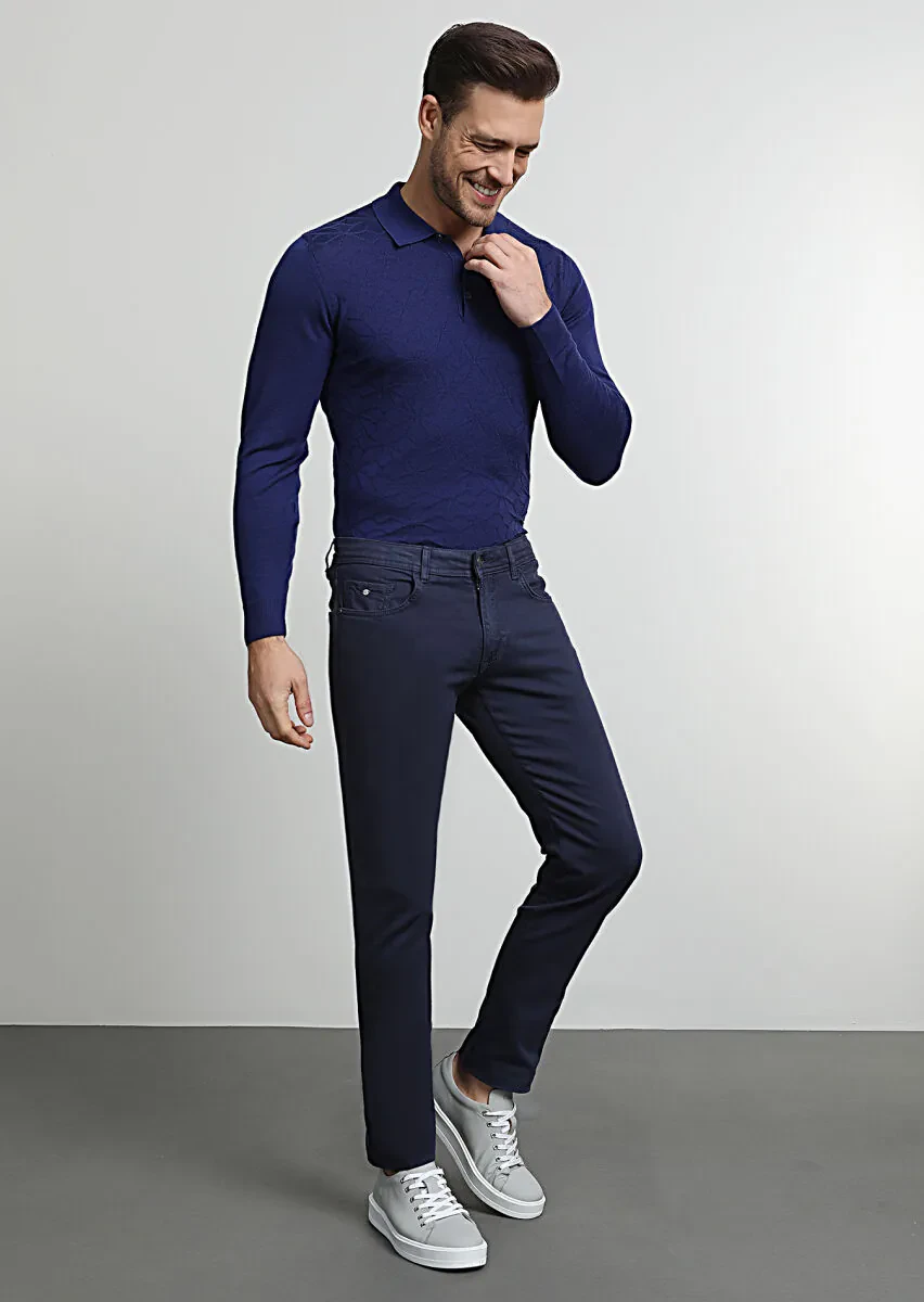 Lacivert Düz Dokuma Slim Fit Casual Pamuk Karışımlı Pantolon - 3