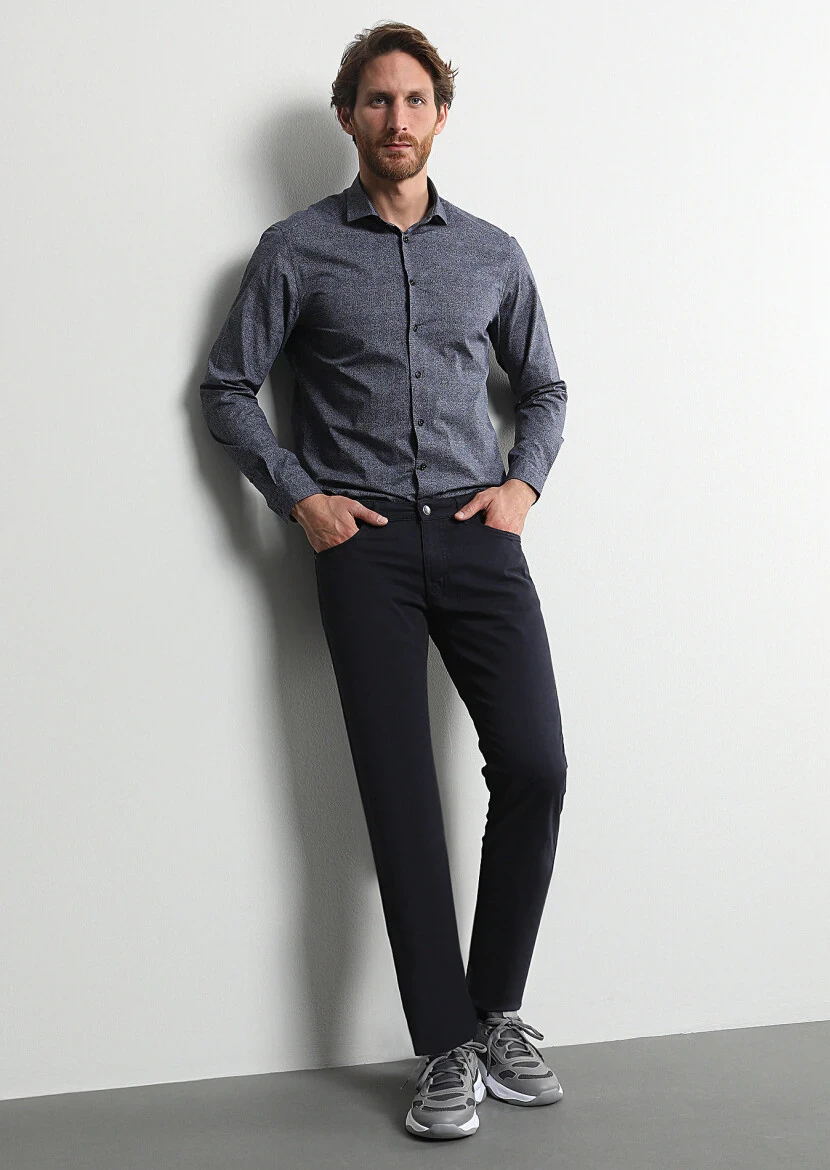 Lacivert Düz Dokuma Slim Fit Casual Pamuk Karışımlı Pantolon - 1