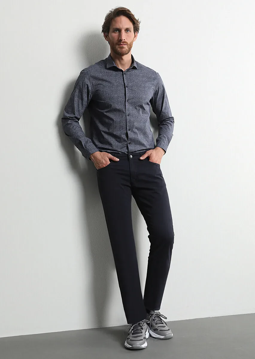 Lacivert Düz Dokuma Slim Fit Casual Pamuk Karışımlı Pantolon - 1