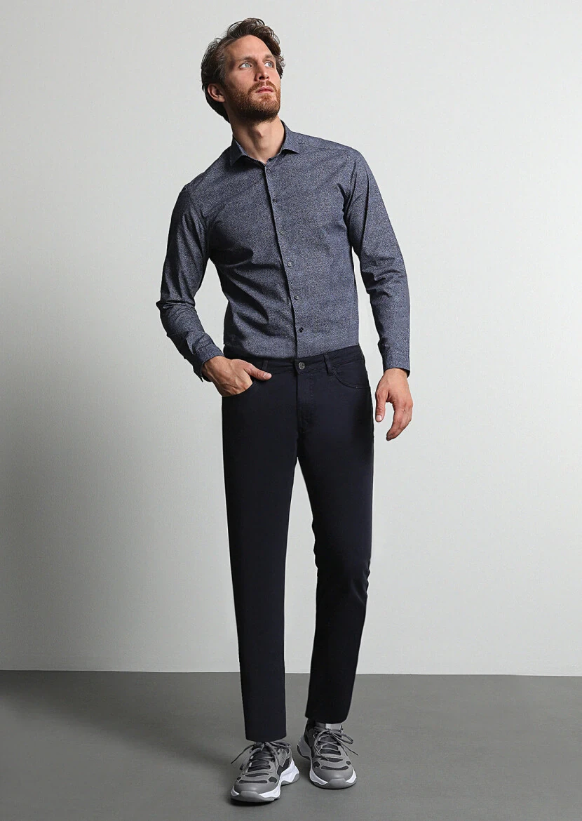 Lacivert Düz Dokuma Slim Fit Casual Pamuk Karışımlı Pantolon - 2