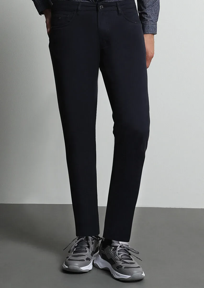 Lacivert Düz Dokuma Slim Fit Casual Pamuk Karışımlı Pantolon - 4