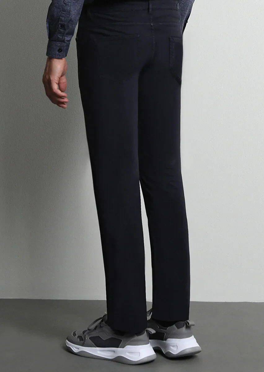 Lacivert Düz Dokuma Slim Fit Casual Pamuk Karışımlı Pantolon - 5