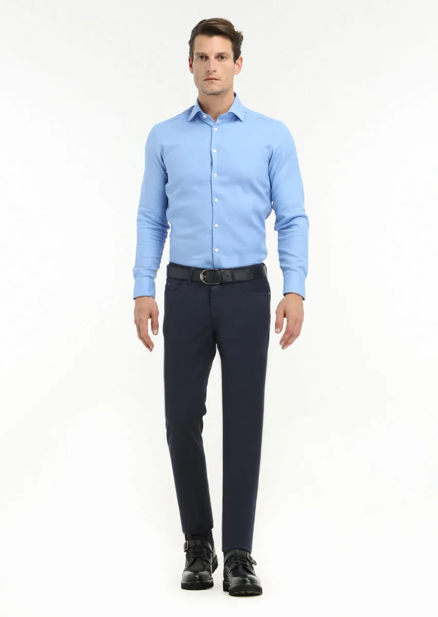 Lacivert Düz Dokuma Slim Fit Casual Pamuk Karışımlı Pantolon - 1