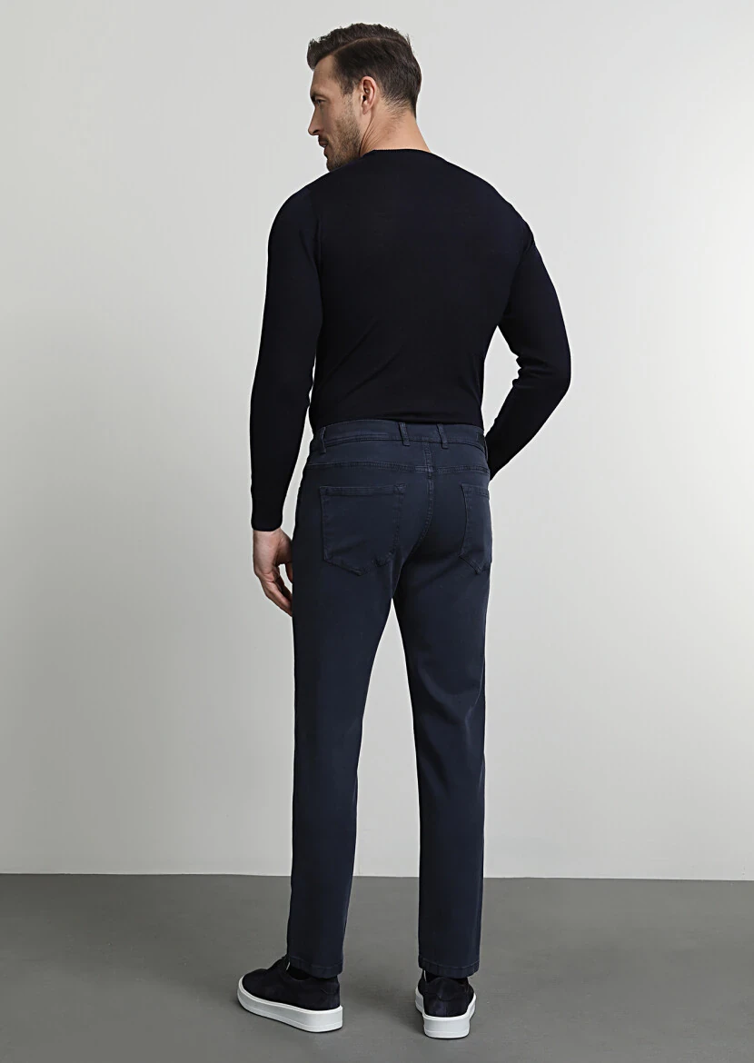 Lacivert Düz Dokuma Slim Fit Casual Pamuk Karışımlı Pantolon - 4