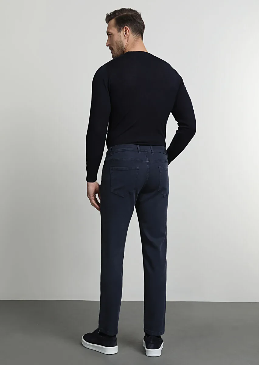 Lacivert Düz Dokuma Slim Fit Casual Pamuk Karışımlı Pantolon - 4