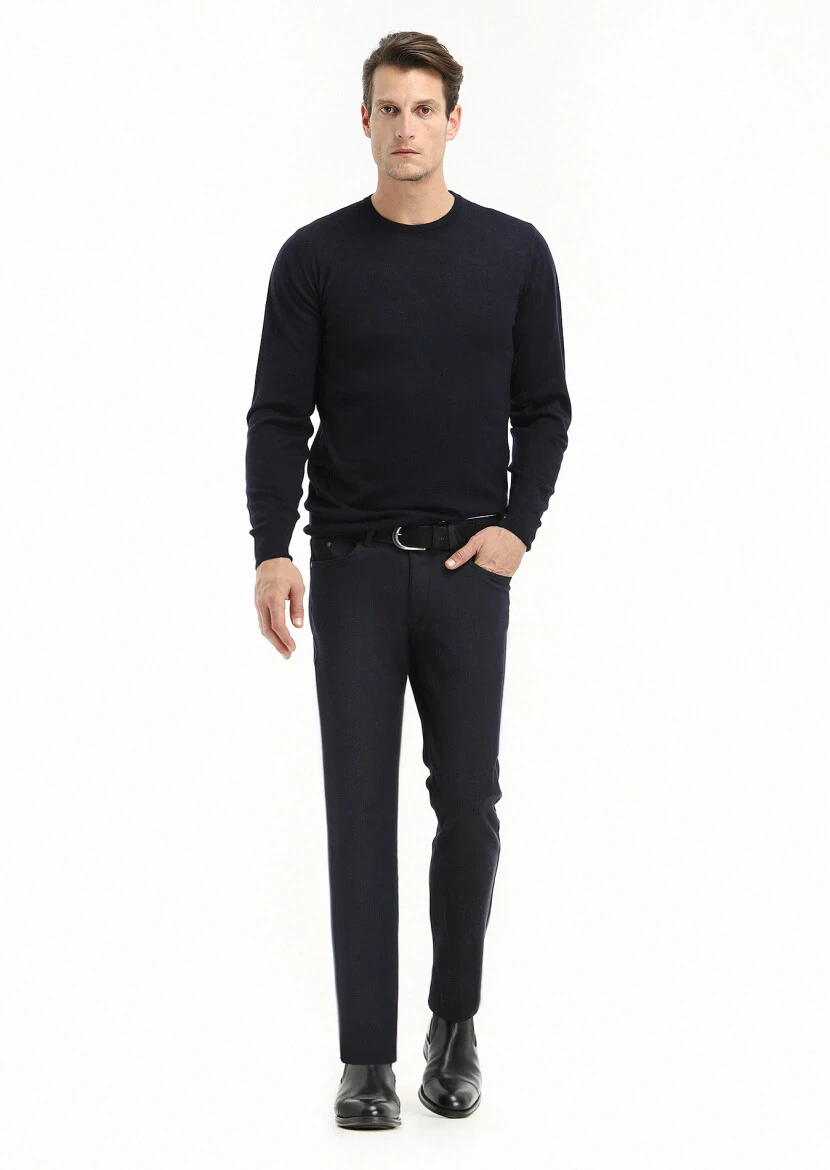 Lacivert Düz Dokuma Slim Fit Casual Pamuk Karışımlı Pantolon - 1