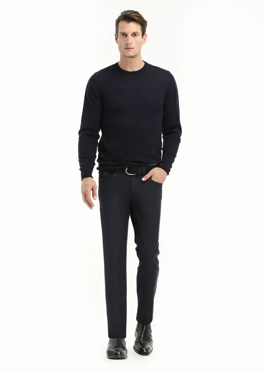 Lacivert Düz Dokuma Slim Fit Casual Pamuk Karışımlı Pantolon - 1