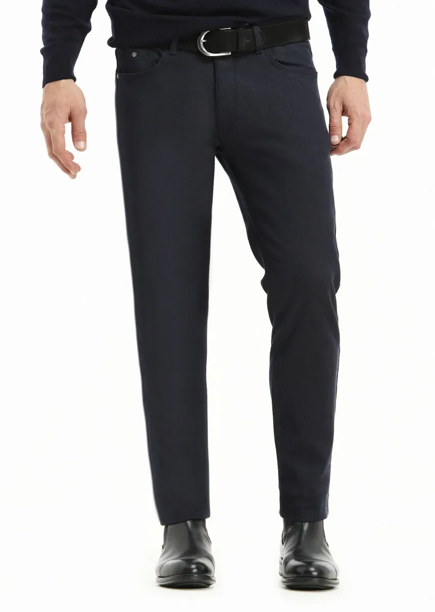 Lacivert Düz Dokuma Slim Fit Casual Pamuk Karışımlı Pantolon - 2