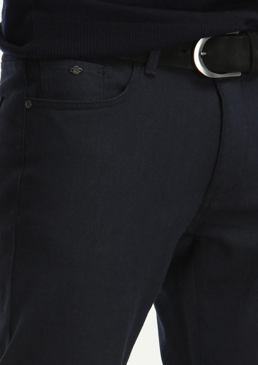 Lacivert Düz Dokuma Slim Fit Casual Pamuk Karışımlı Pantolon - 3