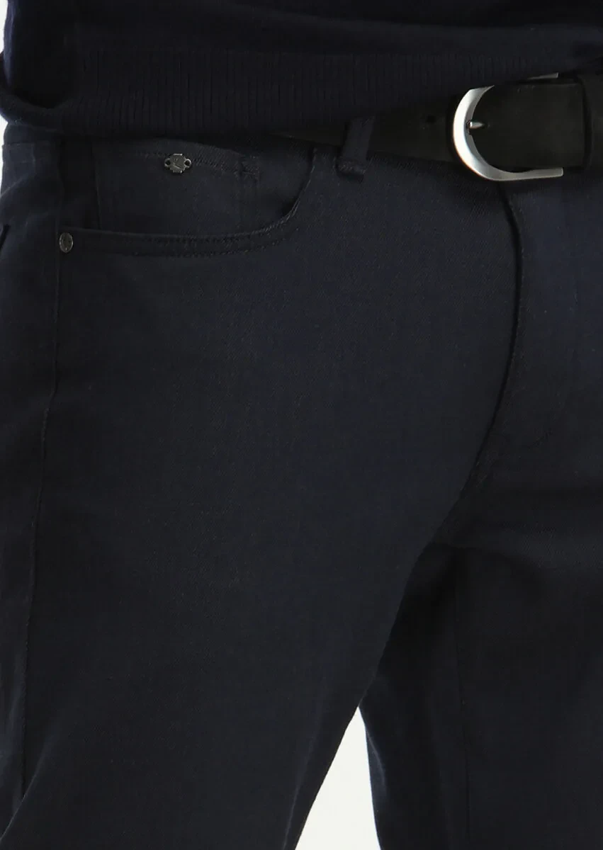 Lacivert Düz Dokuma Slim Fit Casual Pamuk Karışımlı Pantolon - 3
