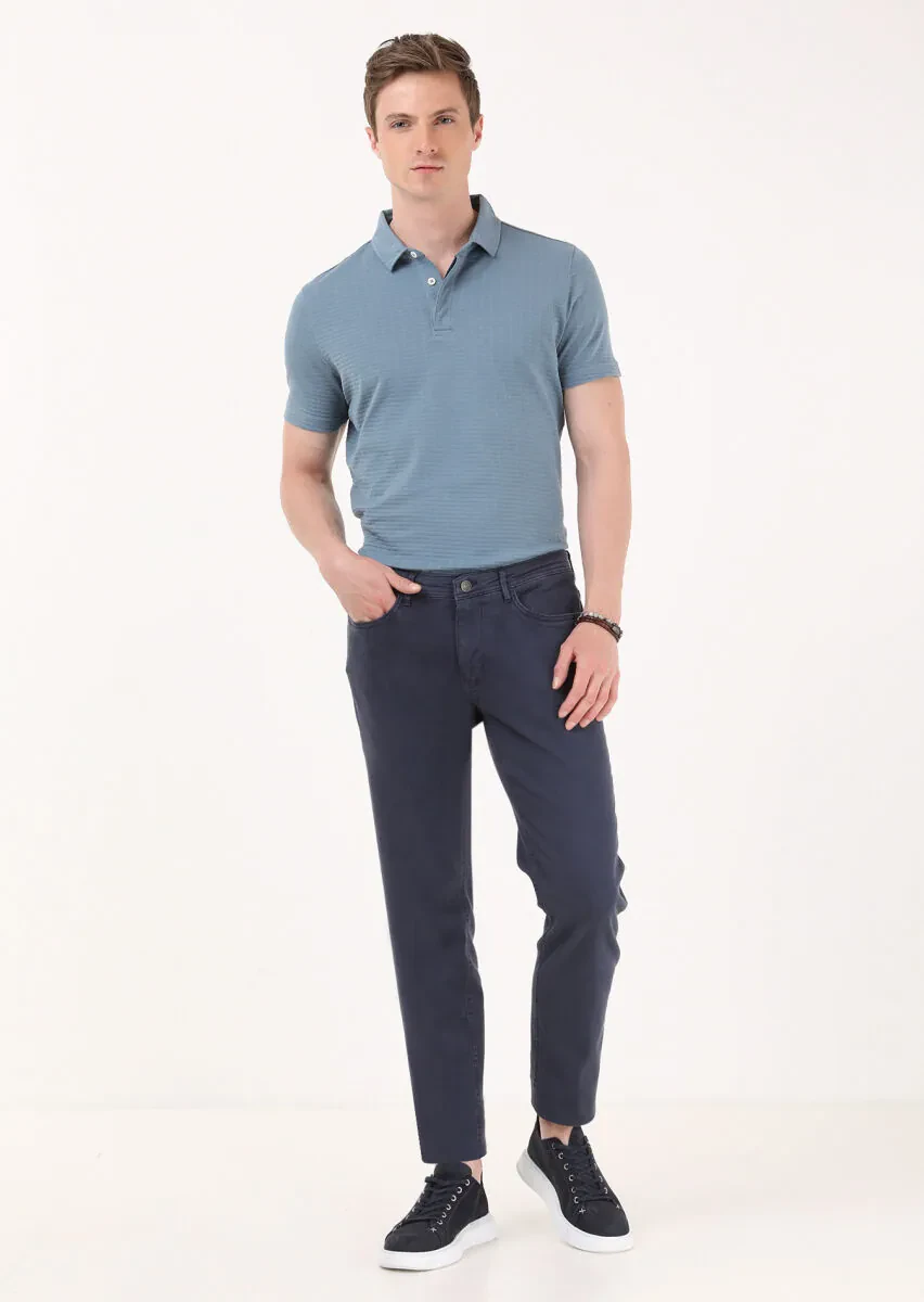 Lacivert Düz Dokuma Slim Fit Casual Pamuk Karışımlı Pantolon - 1