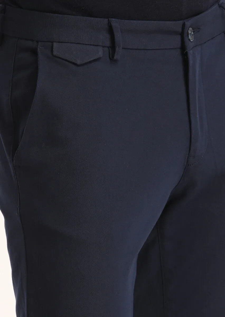 Lacivert Düz Dokuma Slim Fit Casual Pamuk Karışımlı Pantolon - 3