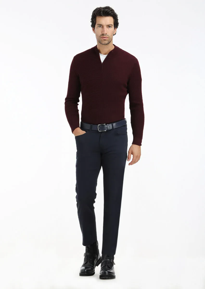 Lacivert Düz Dokuma Slim Fit Casual Pamuk Karışımlı Pantolon - 1